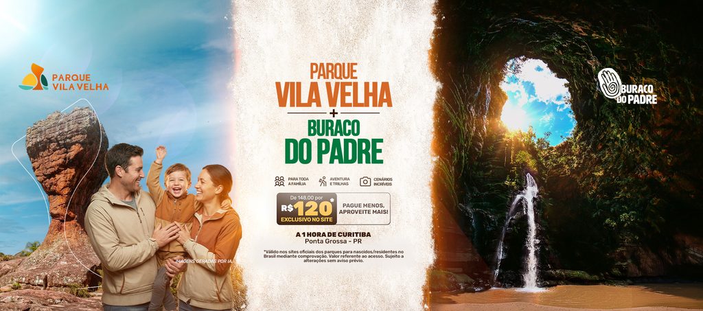 Kv da Campanha com imagens do parque Vila Velha e Parque Buraco do Padre.